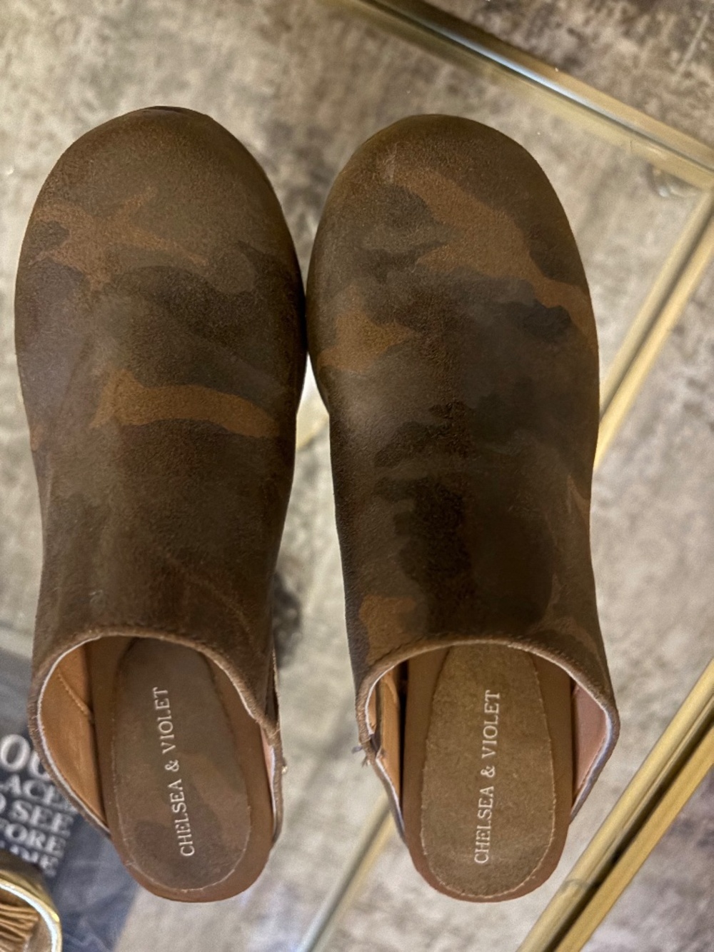 Chelsea & Violet Camo Suede Clog Mules - Green/Tan, LIKE NEW SIZE 7.5